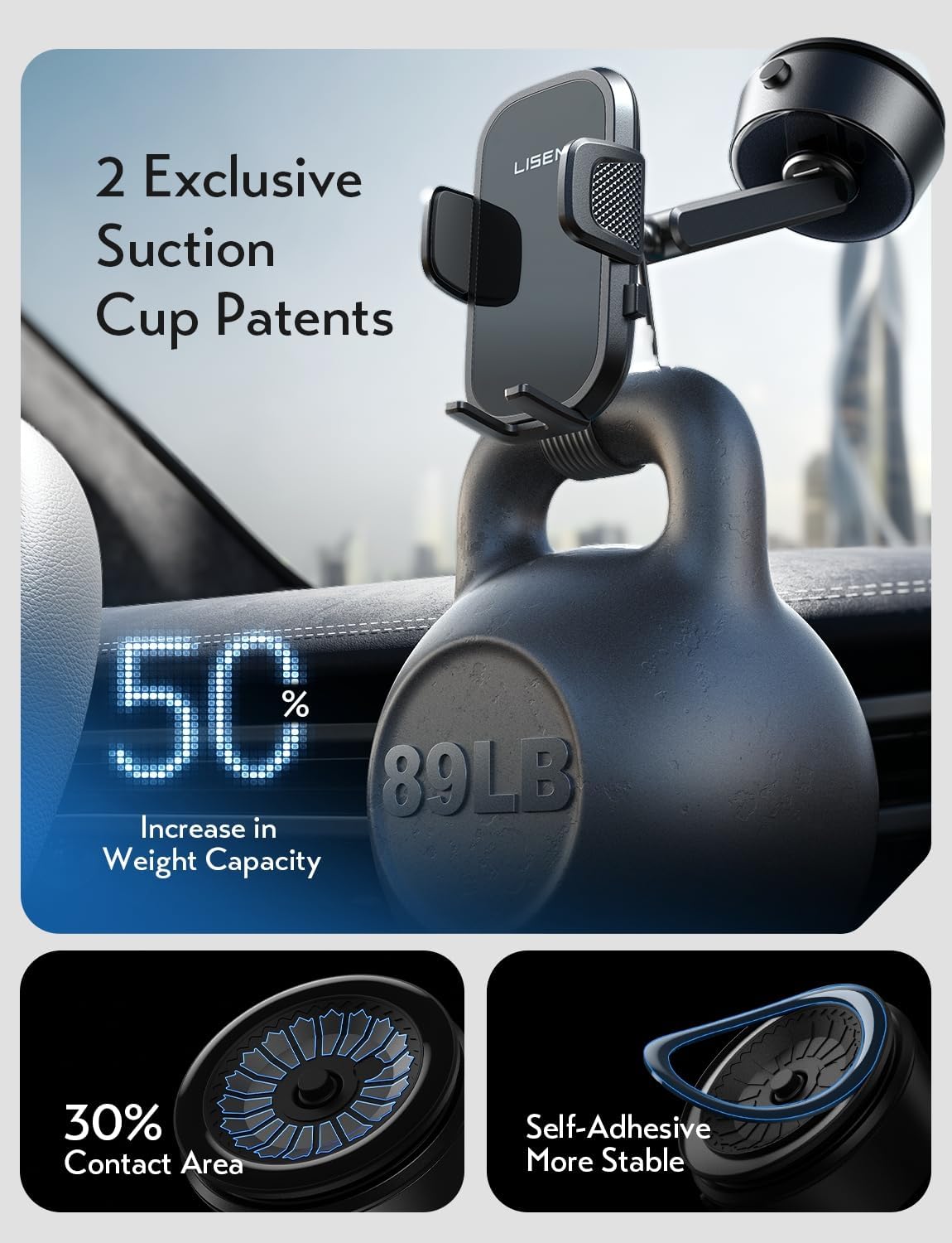 LISEN Car Phone Holder Mount – Electronic Suction Cup, 360° Rotation, Fits 4.0–7.6" Phones