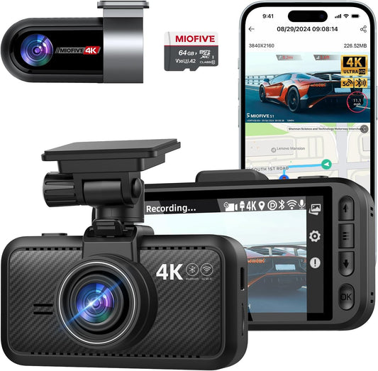 Miofive 4K Dash Cam Front and Rear, 5GHz Wi-Fi & GPS Dashcam with 64GB SD Card, Dual Car Camera Dash Cam with Parking Monitor, Night Vision, HDR, G-Sensor, Loop Recording, APP Control, Max 512GB