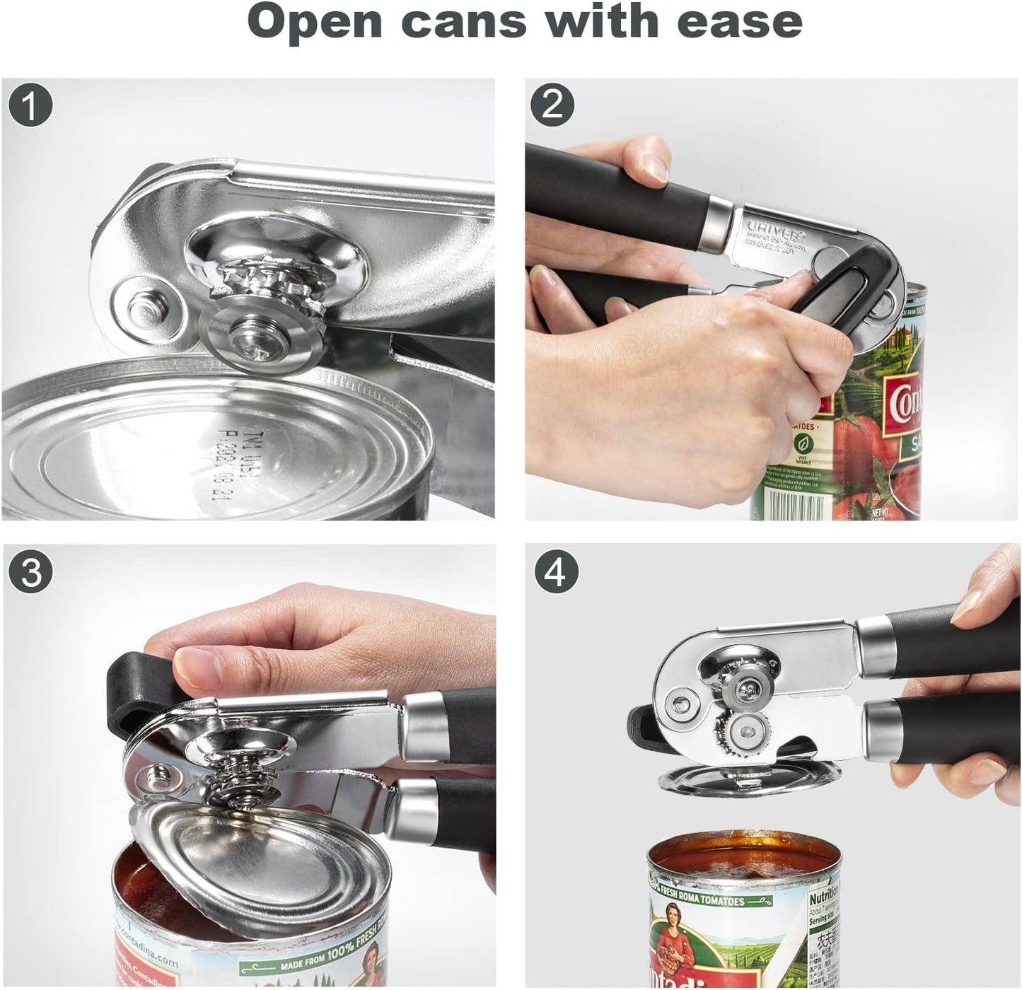 UHIYEE Manual Tin Can Opener – Stainless Steel, Soft Grip Handles, Magnetic Lid Lifter (Black)