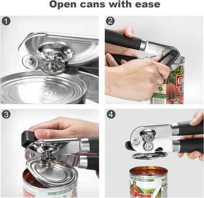 UHIYEE Manual Tin Can Opener – Stainless Steel, Soft Grip Handles, Magnetic Lid Lifter (Black)