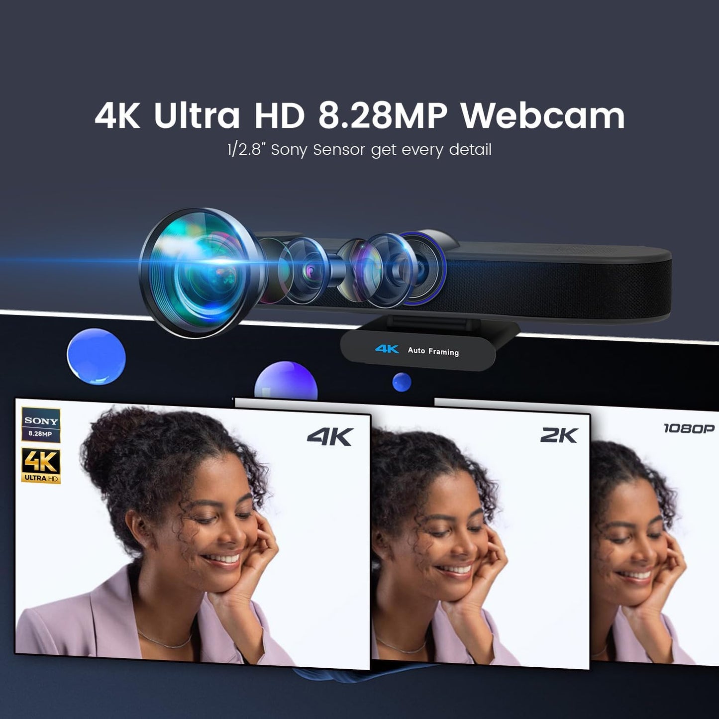 Tongveo AI Tracking 4K Webcam – 5x Zoom, ePTZ, 4 Mics + Speaker, Remote Control (Wide Angle)