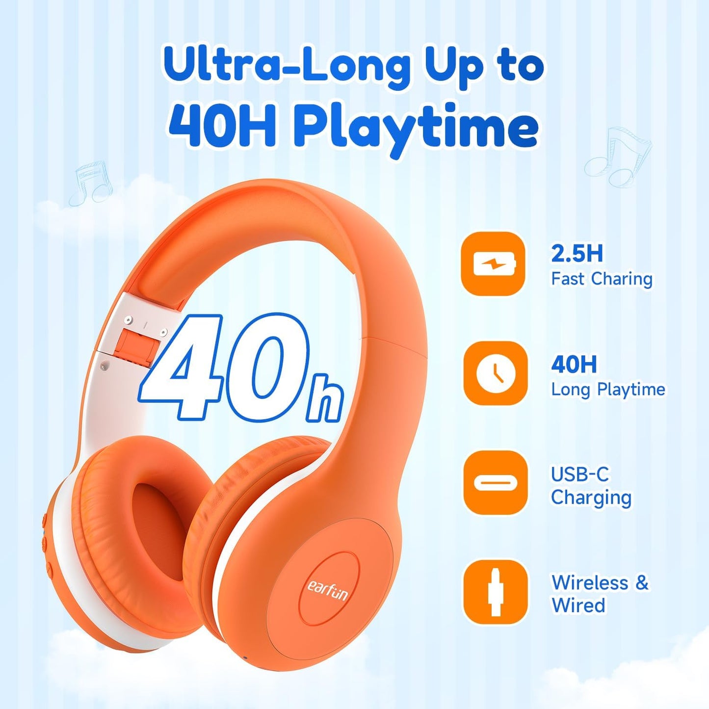 EarFun Kids Wireless Headphones – Bluetooth 5.4, Volume Limited 85/94dB, Foldable Over‑Ear with Mic (Orange)