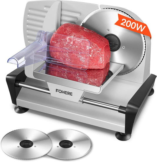 Fohere Electric Meat Slicer – 200W with 19cm Blade, 0–15mm Adjustable Thickness, Safety Pusher | Silver | UK