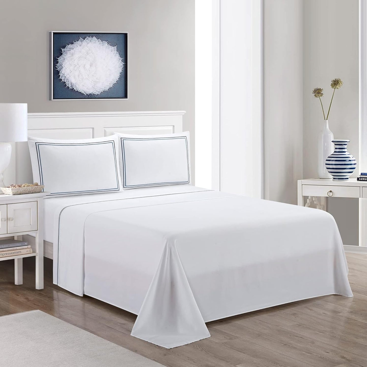 OSVINO King Sheet Set (3/4pcs) – Microfibre Bedding Set with Blue Line Embroidery, Deep Pocket 14–35cm
