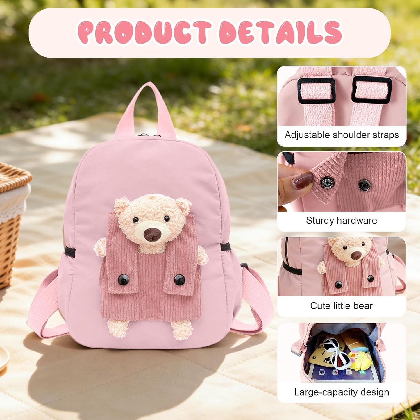 Aucuu Cute Bear Kids Backpack | Detachable Teddy | Adjustable Straps | Preschool & Kindergarten | Boys & Girls