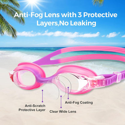 Kids Swimming Goggles 2-Pack | Anti-Fog, Wide View, Soft Silicone — Girls & Boys Ages 3–14