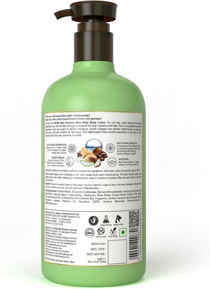 WOW Aloe Vera Body Lotion - Ultra Light Hydration - No Mineral Oil, Parabens, Silicones, Color & PG - 300mL
