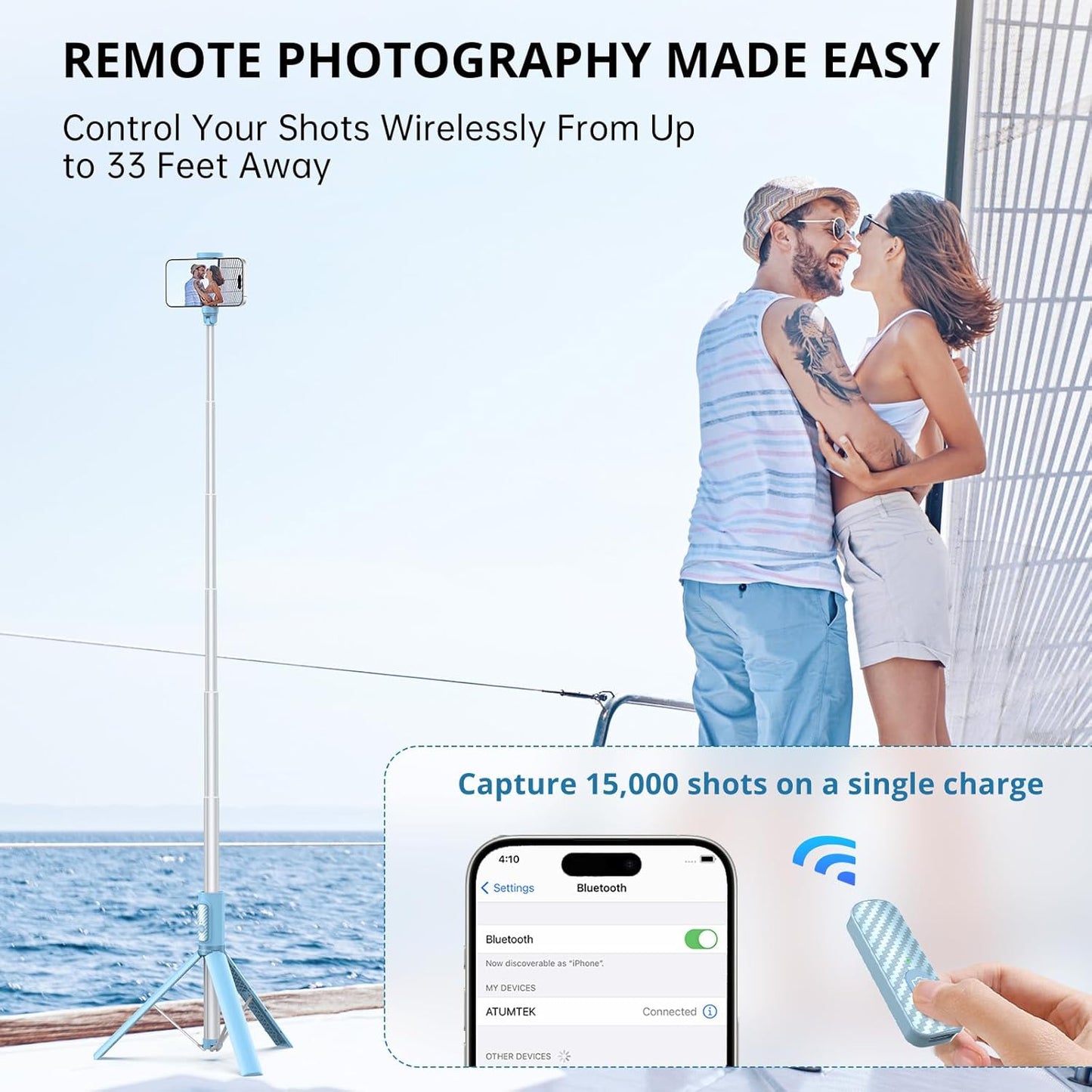 ATUMTEK 1.4m Selfie Stick Tripod – Extendable Aluminium with Bluetooth Remote for iPhone, Samsung & More | Light Blue | UK