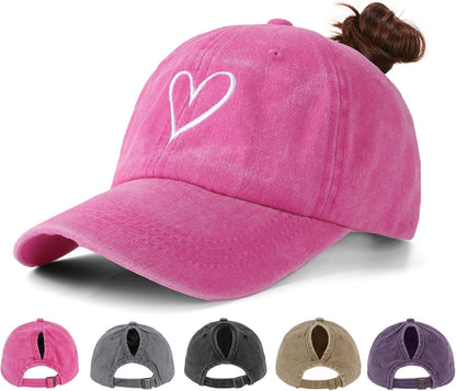 Women's Ponytail Baseball Cap | Vintage Washed Cotton, Adjustable High Bun Hat — Bow & Heart Designs