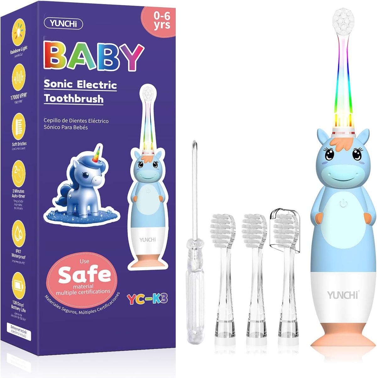 YUNCHI K3 Kids Sonic Electric Toothbrush | Rainbow LED Horn, 17,000VPM, IPX7 Waterproof, 2-Min Timer, 4 Heads (Blue Unicorn, Ages 0–6)