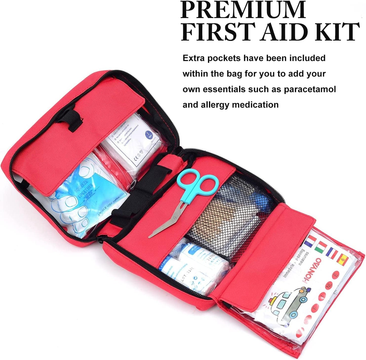 HONYAO® First Aid Kit 220 Pcs – Emergency Medical Kit with Waterproof Nylon Case – Home Car Office School & Outdoor