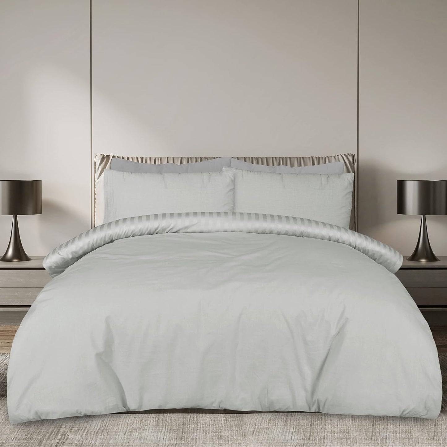 Sleepdown Soft Hotel Quality 225 Thread Count Cotton Satin Stripe Duvet Cover Set with Pillowcases – Super King Size –