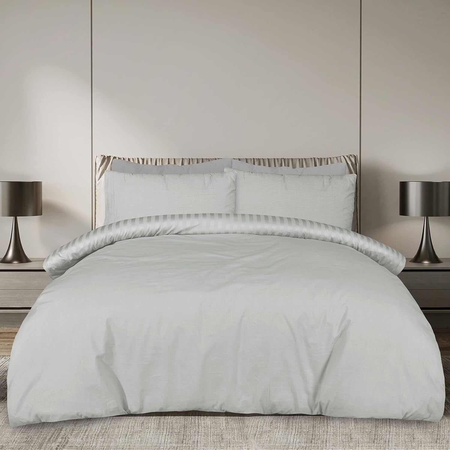 Sleepdown Soft Hotel Quality 225 Thread Count Cotton Satin Stripe Duvet Cover Set with Pillowcases – Super King Size –