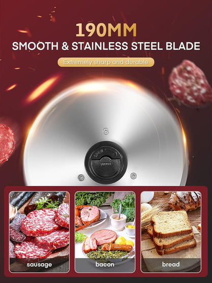 Fohere Electric Meat Slicer – 200W with 19cm Blade, 0–15mm Adjustable Thickness, Safety Pusher | Silver | UK