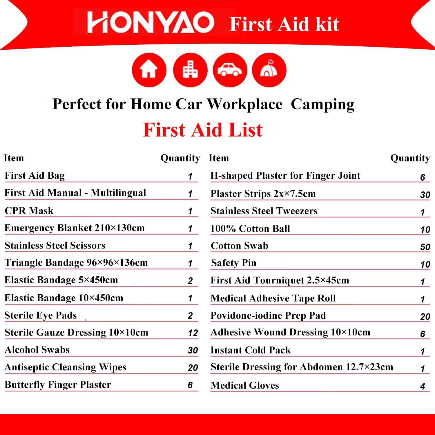 HONYAO® First Aid Kit 220 Pcs – Emergency Medical Kit with Waterproof Nylon Case – Home Car Office School & Outdoor