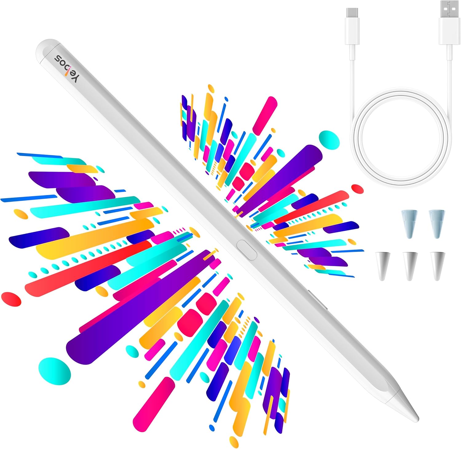 White stylus with colorful abstract design and USB cable on a white background