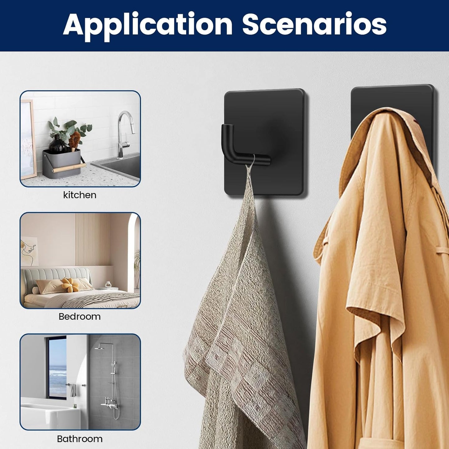 Self‑Adhesive Hooks 4‑Pack – Stainless Steel Stick‑On Wall Hooks, No‑Drill, Black