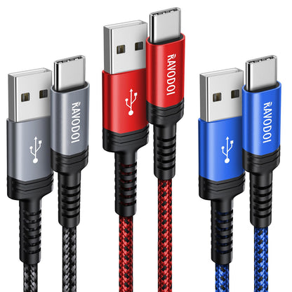 USB-C to USB-A Charging Cable 3-Pack | Nylon Braided, 3A Fast Charge — 1m, 1m & 2m (Grey, Red, Blue)