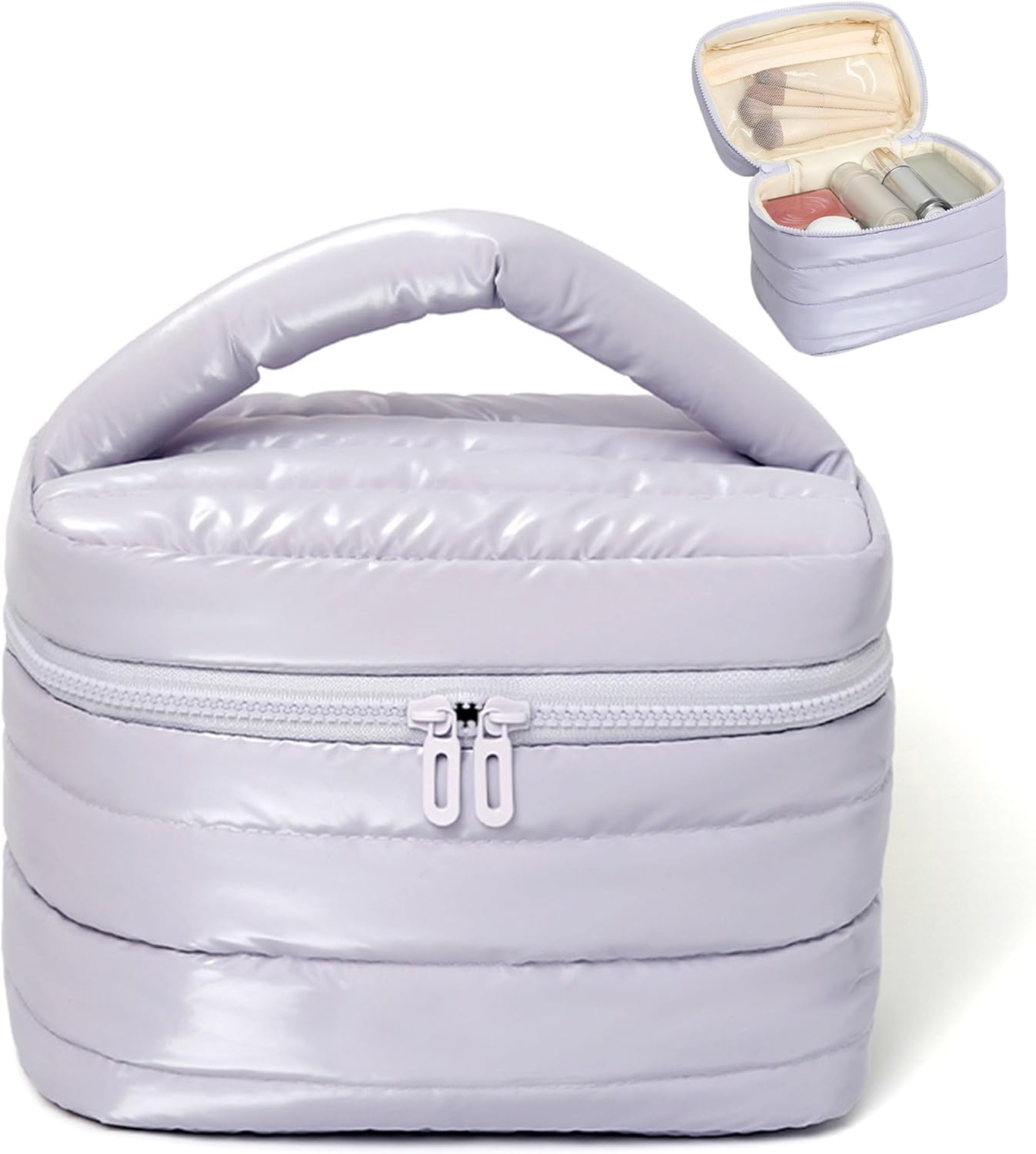 Prite Puffy Padded Makeup Bag – Waterproof Quilted Cosmetic Travel Toiletry Bag | Silver | UK