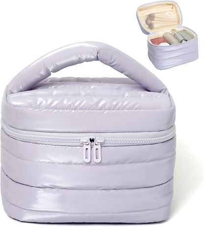 Prite Puffy Padded Makeup Bag – Waterproof Quilted Cosmetic Travel Toiletry Bag | Silver | UK