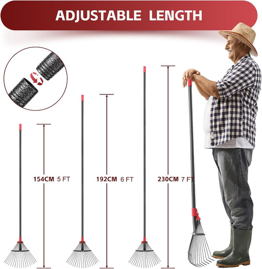Garden Leaf Rakes for Lawns Heavy Duty, 23-41 cm Adjustable Rake Head, 82-230 cm Adjustable Long Handle, Metal Rake Tool for Gardening Camping Clear Collect Leaves Debris, 18 Anti-Rust Metal Tines