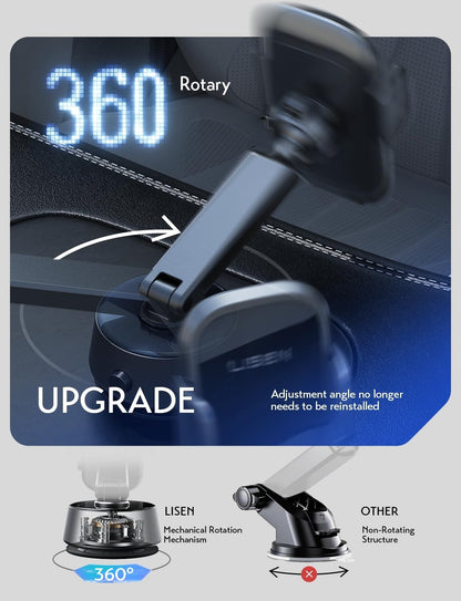 LISEN Car Phone Holder Mount – Electronic Suction Cup, 360° Rotation, Fits 4.0–7.6" Phones