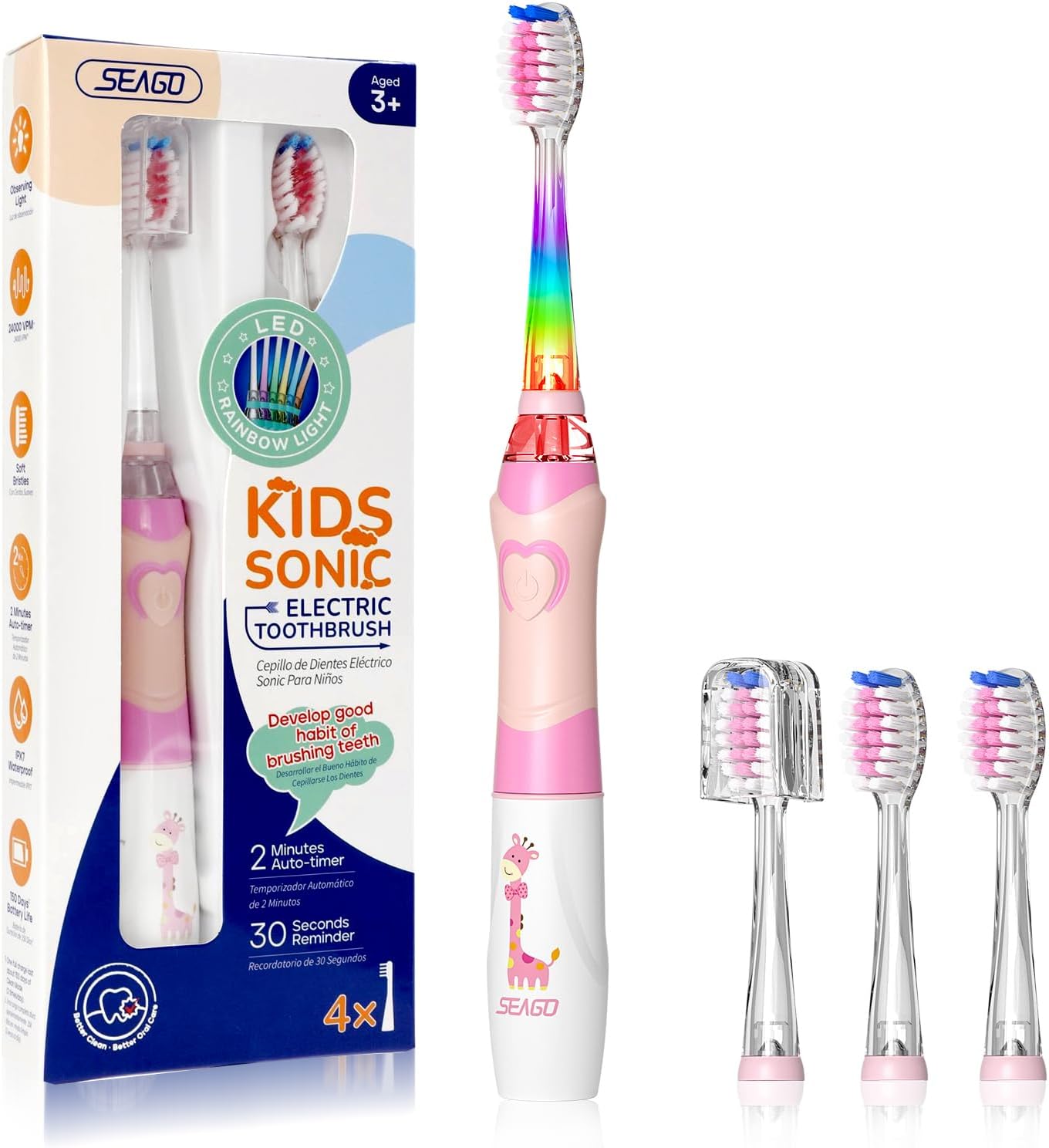 Seago Kids Electric Toothbrush SG977 – Battery-Powered with Timer, LED Light & 4 Soft Brush Heads | Ages 3+ | Pink | UK