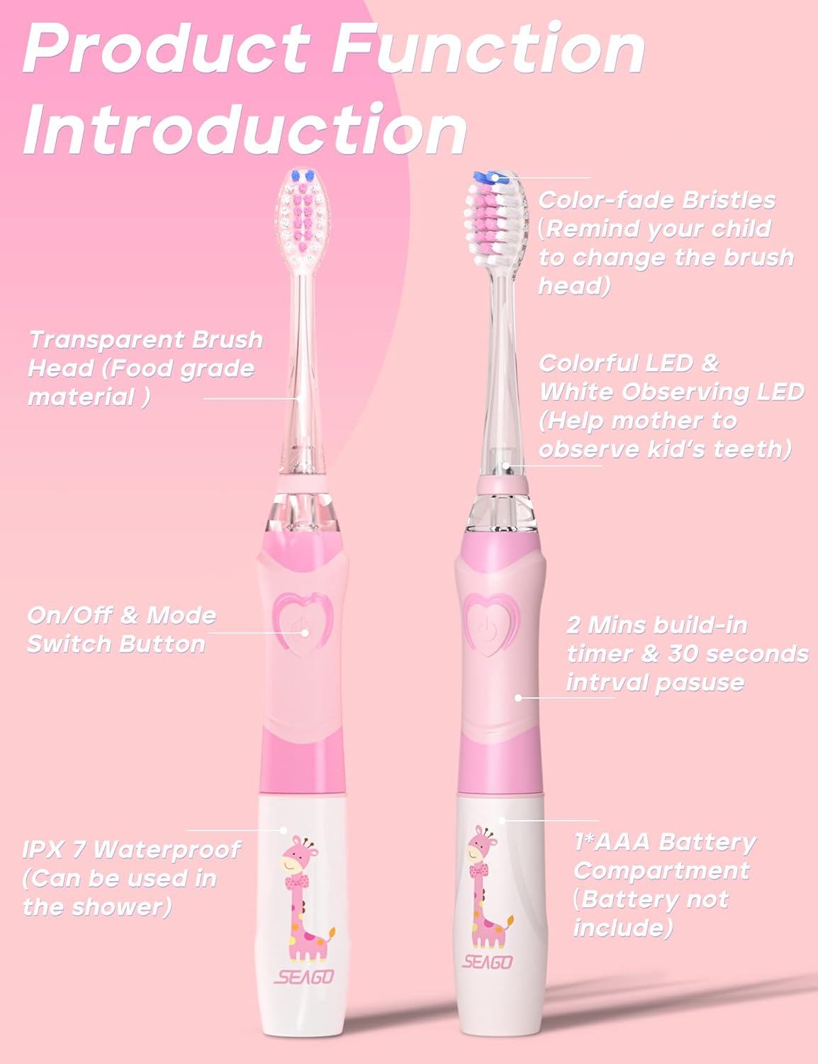 Seago Kids Electric Toothbrush SG977 – Battery-Powered with Timer, LED Light & 4 Soft Brush Heads | Ages 3+ | Pink | UK