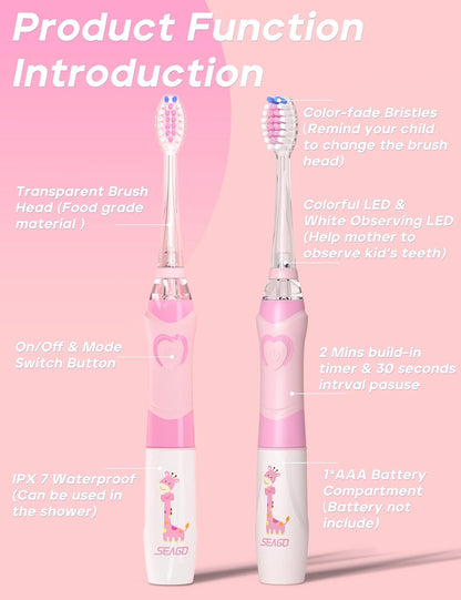 Seago Kids Electric Toothbrush SG977 – Battery-Powered with Timer, LED Light & 4 Soft Brush Heads | Ages 3+ | Pink | UK