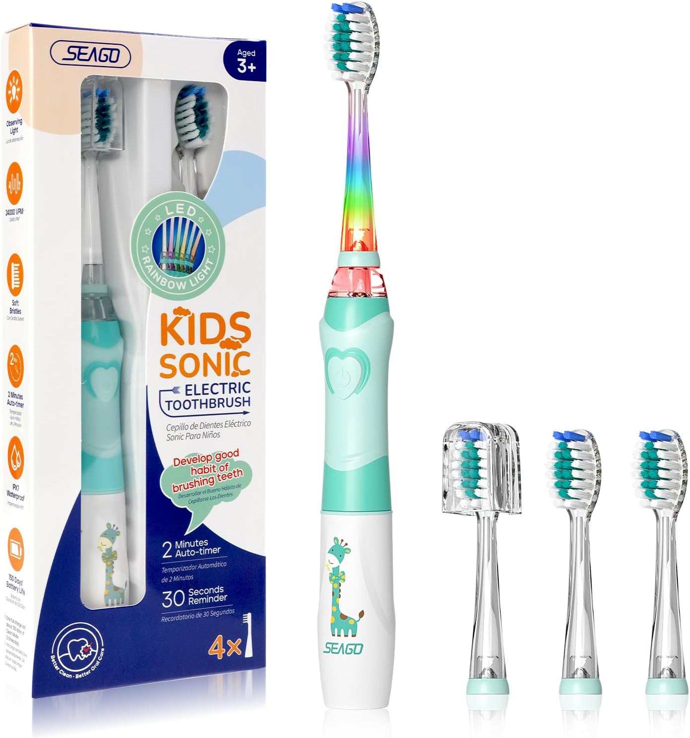 Seago Kids Electric Toothbrush SG977 – Battery-Powered with Timer, LED Light & 4 Soft Brush Heads | Ages 3+ | Pink | UK