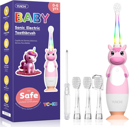 YUNCHI K3 Kids Sonic Electric Toothbrush | Rainbow LED Horn, 17,000VPM, IPX7 Waterproof, 2-Min Timer, 4 Heads (Blue Unicorn, Ages 0–6)