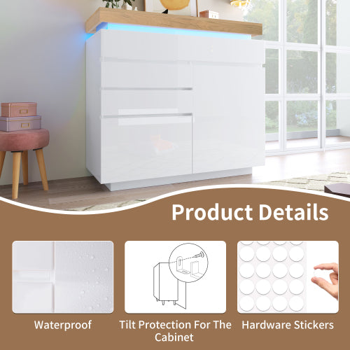 High-Gloss Sideboard Cabinet with RGB LED Lighting | 2 Doors & 3 Drawers, App-Controlled, White — 110 x 115 x 39 cm