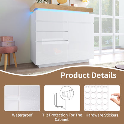 High-Gloss Sideboard Cabinet with RGB LED Lighting | 2 Doors & 3 Drawers, App-Controlled, White — 110 x 115 x 39 cm