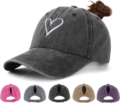 Women's Ponytail Baseball Cap | Vintage Washed Cotton, Adjustable High Bun Hat — Bow & Heart Designs