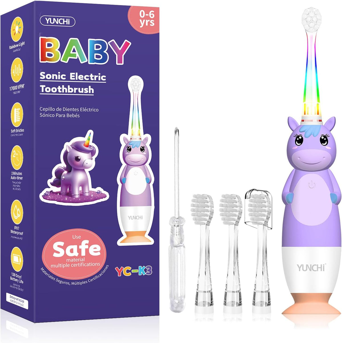 YUNCHI K3 Kids Sonic Electric Toothbrush | Rainbow LED Horn, 17,000VPM, IPX7 Waterproof, 2-Min Timer, 4 Heads (Blue Unicorn, Ages 0–6)