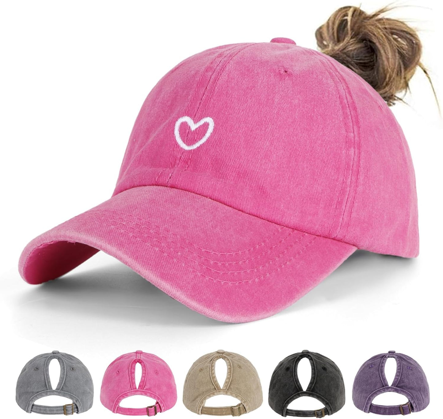 Women's Ponytail Baseball Cap | Vintage Washed Cotton, Adjustable High Bun Hat — Bow & Heart Designs