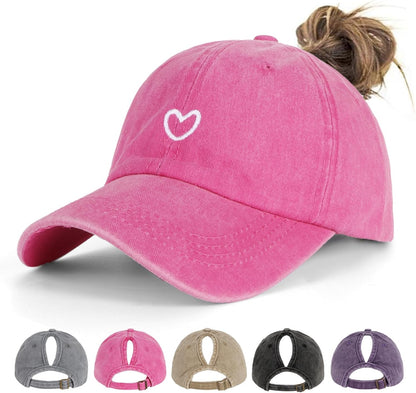 Women's Ponytail Baseball Cap | Vintage Washed Cotton, Adjustable High Bun Hat — Bow & Heart Designs