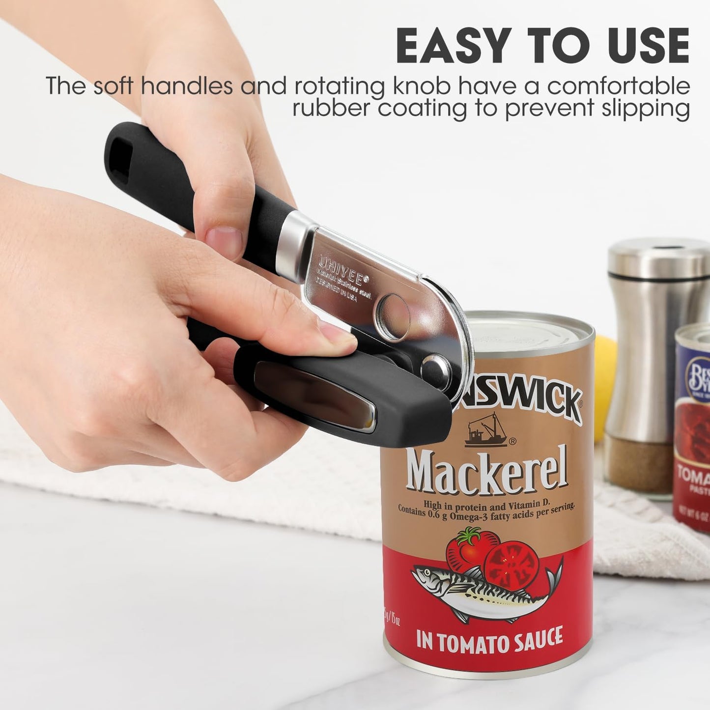 UHIYEE Manual Tin Can Opener – Stainless Steel, Soft Grip Handles, Magnetic Lid Lifter (Black)