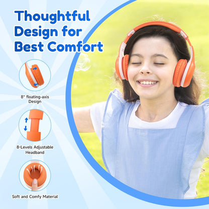 EarFun Kids Wireless Headphones – Bluetooth 5.4, Volume Limited 85/94dB, Foldable Over‑Ear with Mic (Orange)