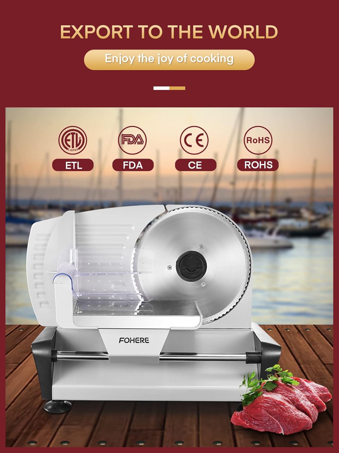 Fohere Electric Meat Slicer – 200W with 19cm Blade, 0–15mm Adjustable Thickness, Safety Pusher | Silver | UK