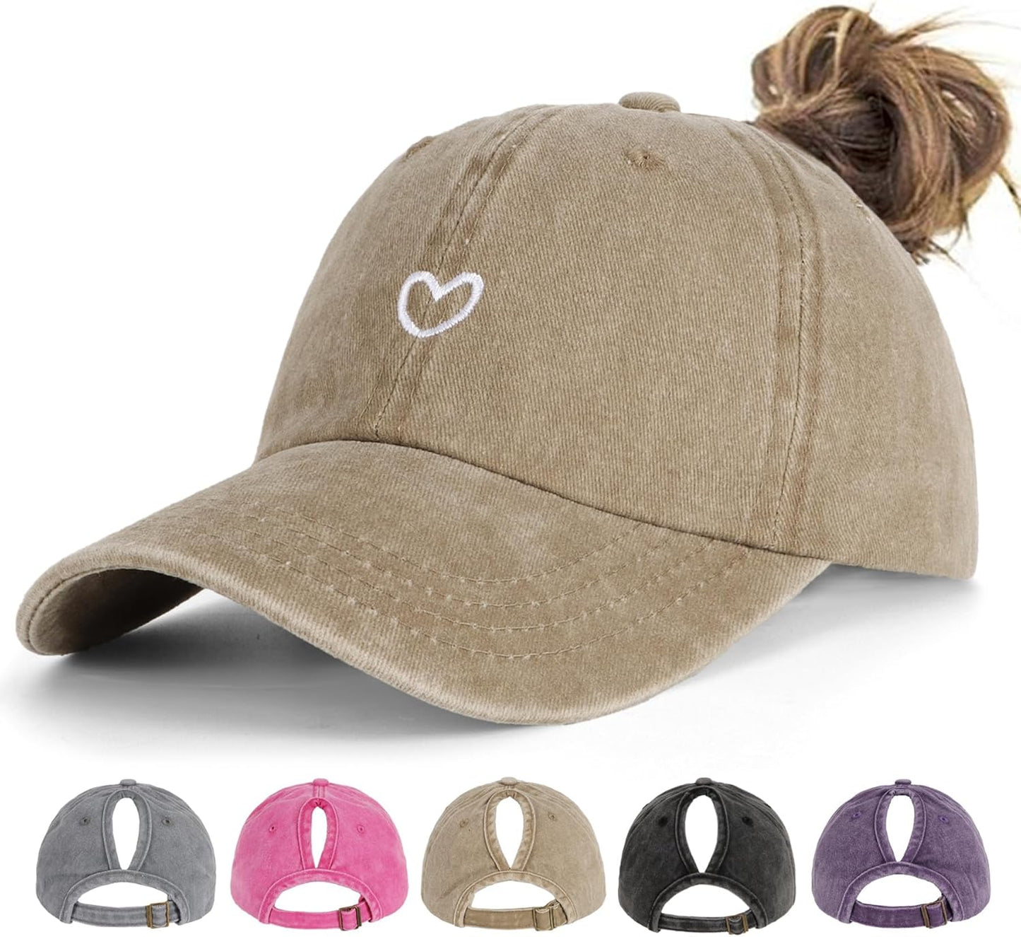 Women's Ponytail Baseball Cap | Vintage Washed Cotton, Adjustable High Bun Hat — Bow & Heart Designs