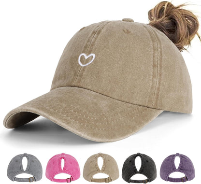 Women's Ponytail Baseball Cap | Vintage Washed Cotton, Adjustable High Bun Hat — Bow & Heart Designs