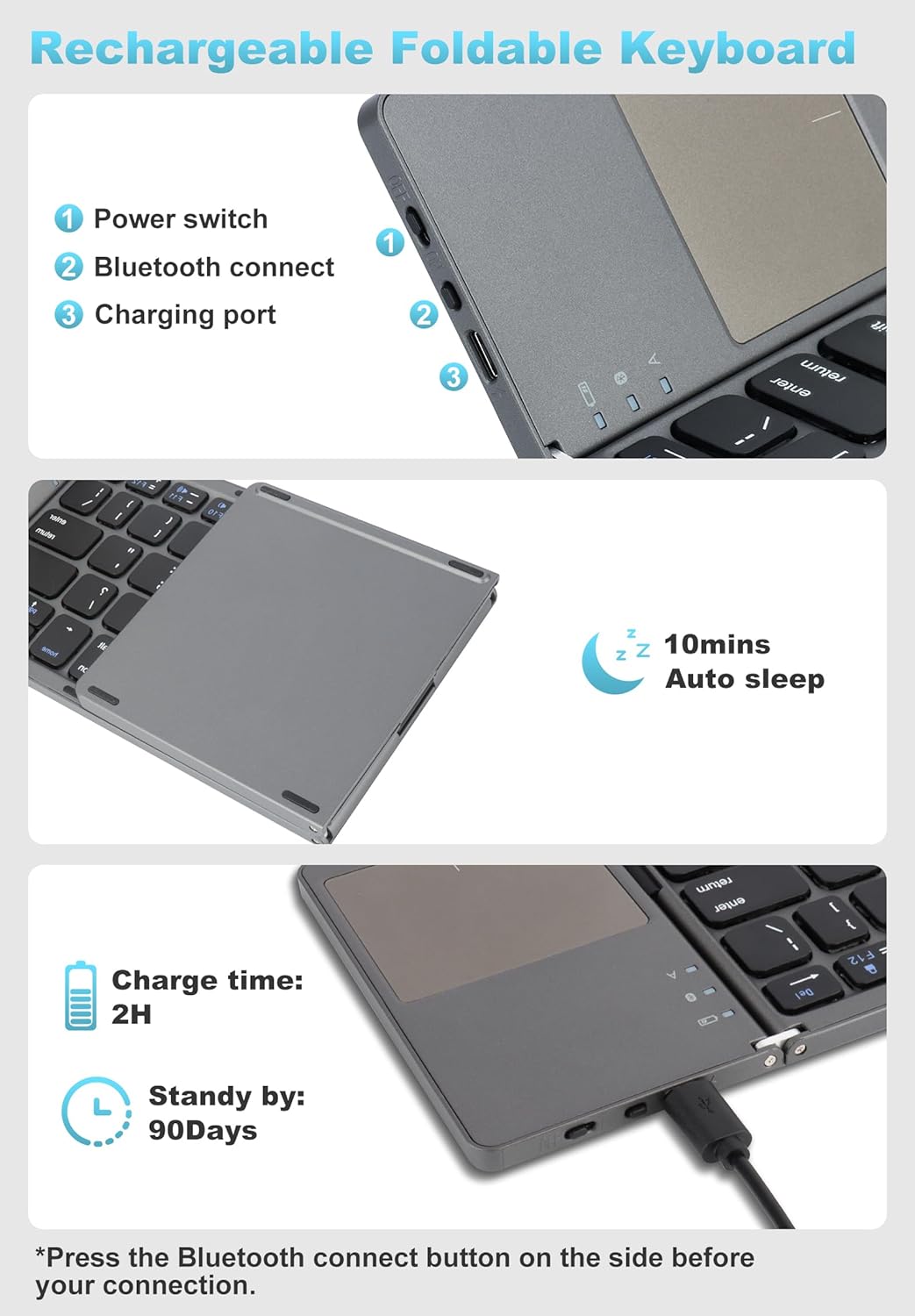 SOPPY Foldable Bluetooth Keyboard with Touchpad – USB Rechargeable Tri‑Fold Mini Wireless