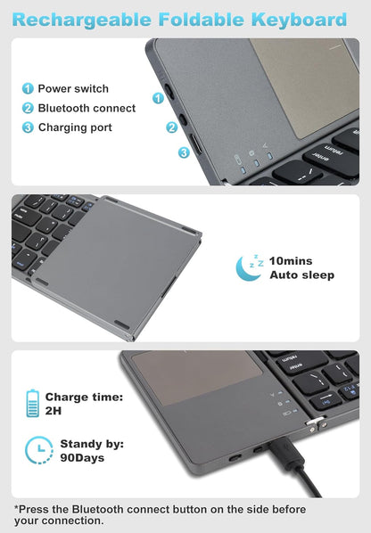 SOPPY Foldable Bluetooth Keyboard with Touchpad – USB Rechargeable Tri‑Fold Mini Wireless