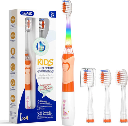 Seago Kids Electric Toothbrush SG977 – Battery-Powered with Timer, LED Light & 4 Soft Brush Heads | Ages 3+ | Pink | UK