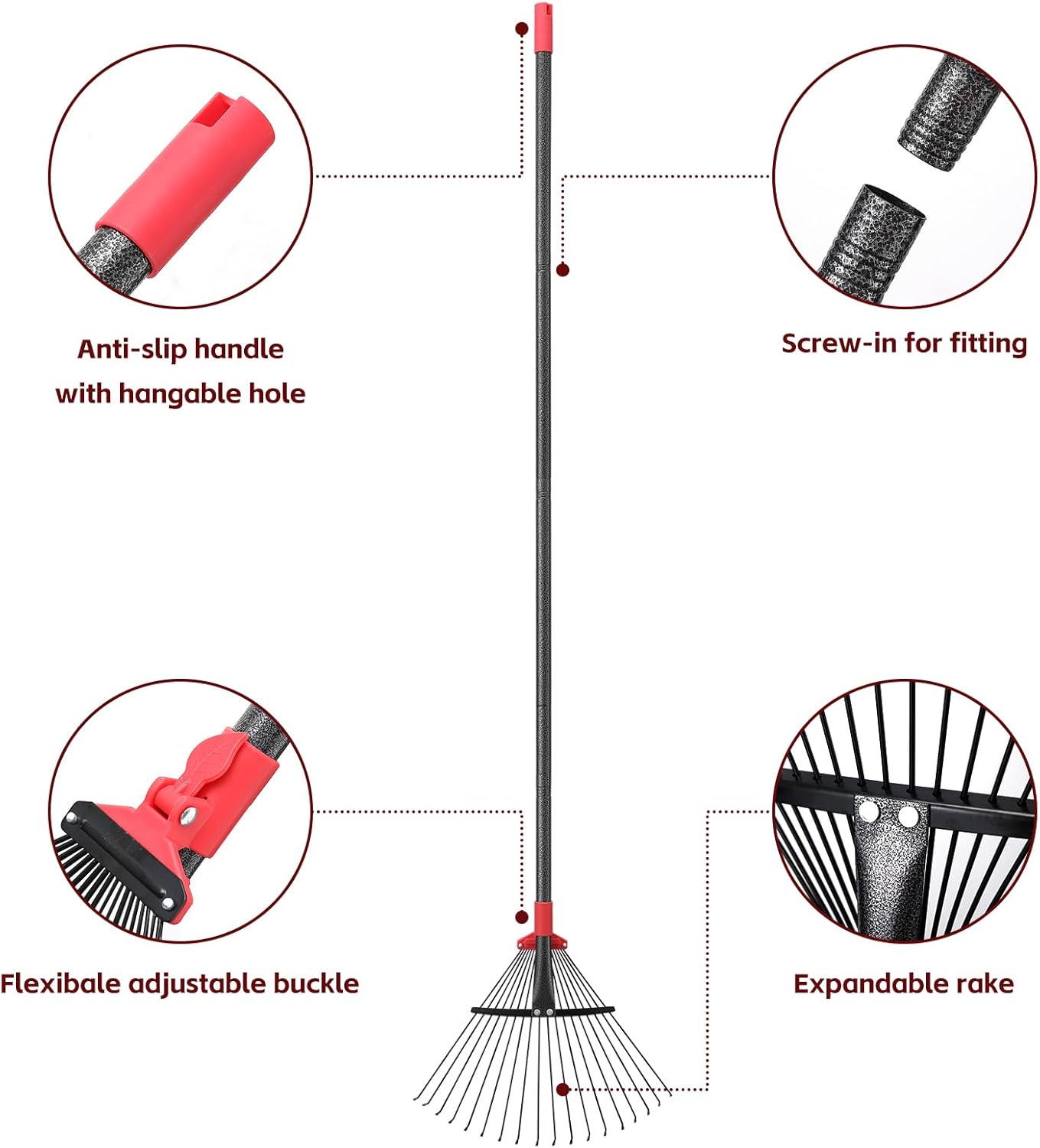 Garden Leaf Rakes for Lawns Heavy Duty, 23-41 cm Adjustable Rake Head, 82-230 cm Adjustable Long Handle, Metal Rake Tool for Gardening Camping Clear Collect Leaves Debris, 18 Anti-Rust Metal Tines