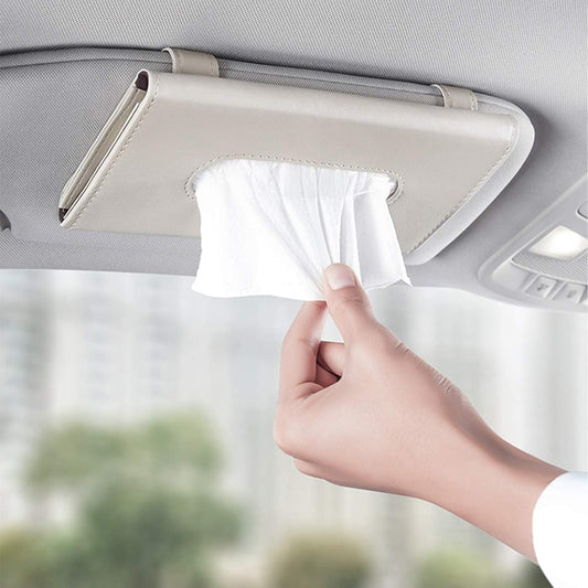 Car Visor Tissue Box – Creamy-White PU Leather Car Tissue Holder, Backseat & Sun Visor Organiser, Rectangular Tissue Dispenser for Car Accessories
