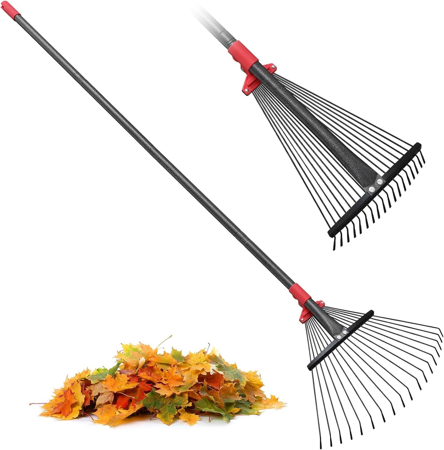 Garden Leaf Rakes for Lawns Heavy Duty, 23-41 cm Adjustable Rake Head, 82-230 cm Adjustable Long Handle, Metal Rake Tool for Gardening Camping Clear Collect Leaves Debris, 18 Anti-Rust Metal Tines