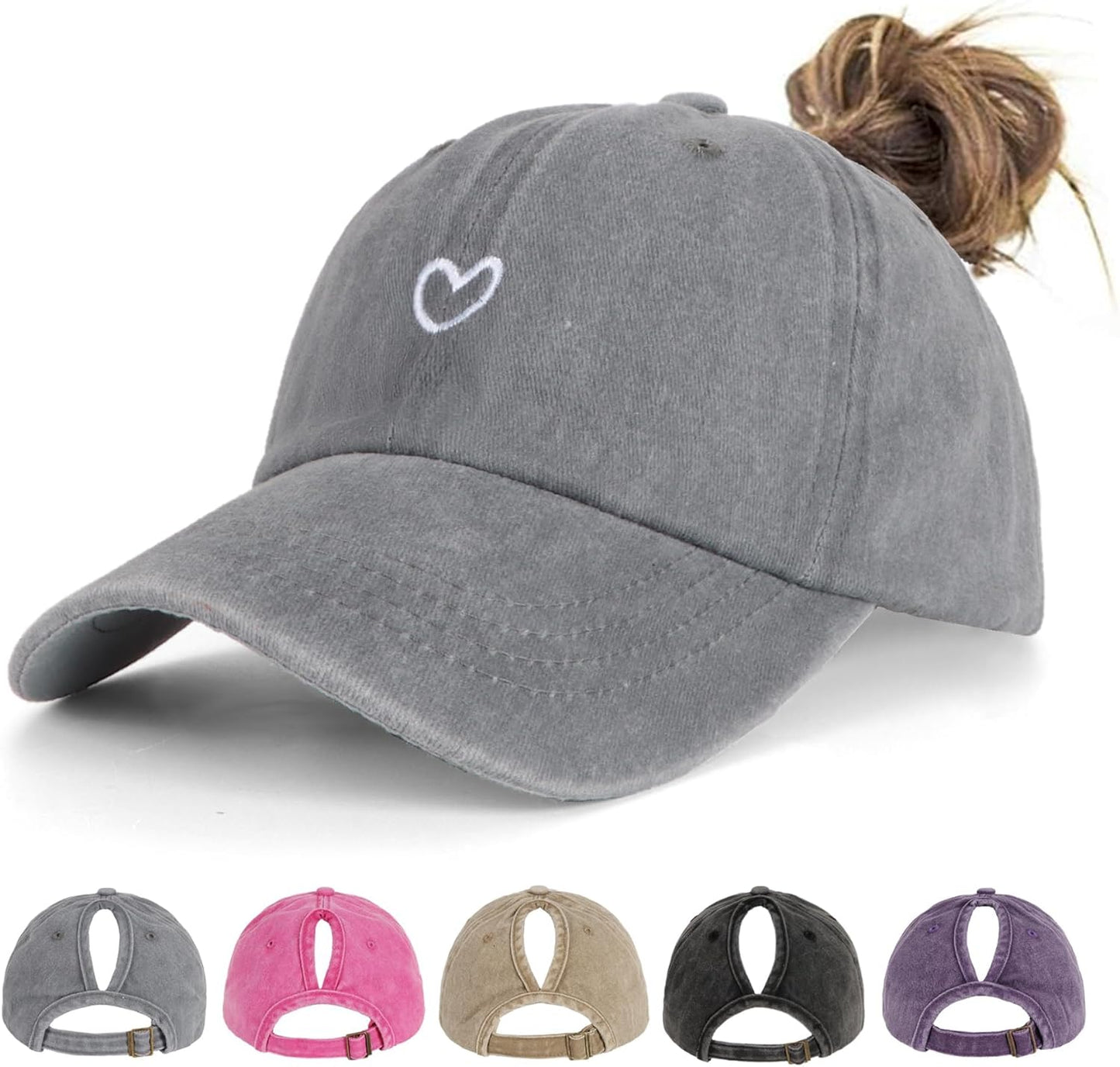 Women's Ponytail Baseball Cap | Vintage Washed Cotton, Adjustable High Bun Hat — Bow & Heart Designs
