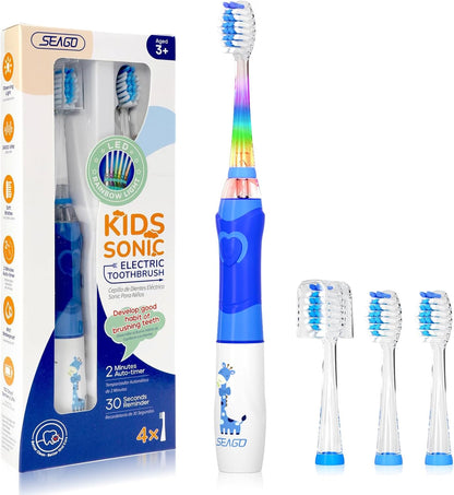 Seago Kids Electric Toothbrush SG977 – Battery-Powered with Timer, LED Light & 4 Soft Brush Heads | Ages 3+ | Pink | UK
